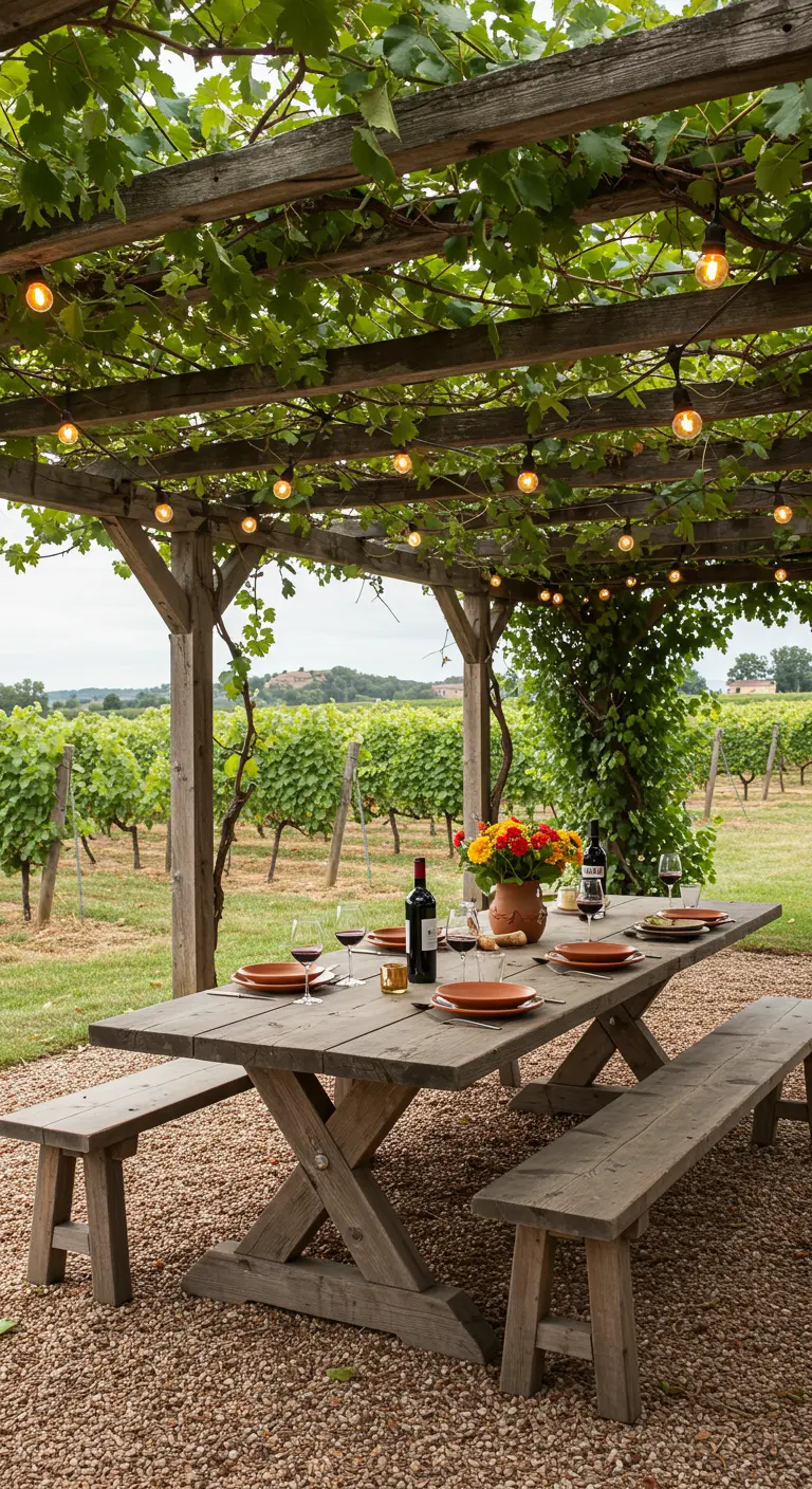 A rustic wooden table and benches set under a vine-covered pergola in a vineyard.