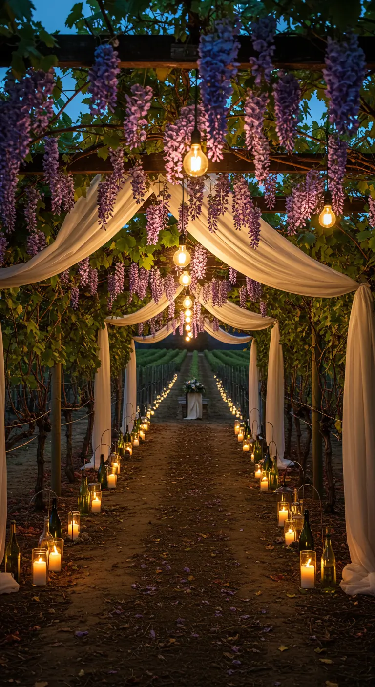 Vineyard wedding aisle lit by candles, with a canopy of wisteria and lights.