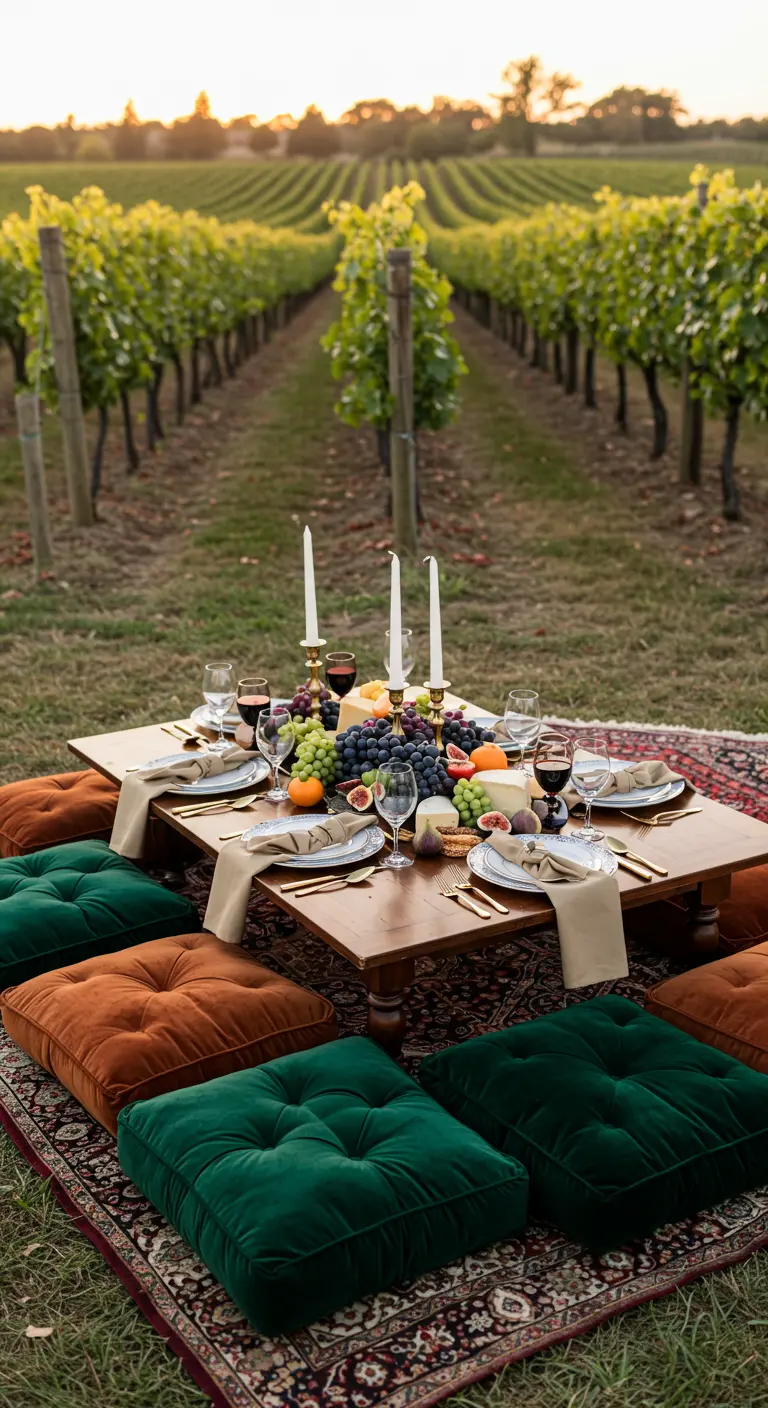 Picnic in a vineyard with velvet cushions, a large rug, and a grape centerpiece.