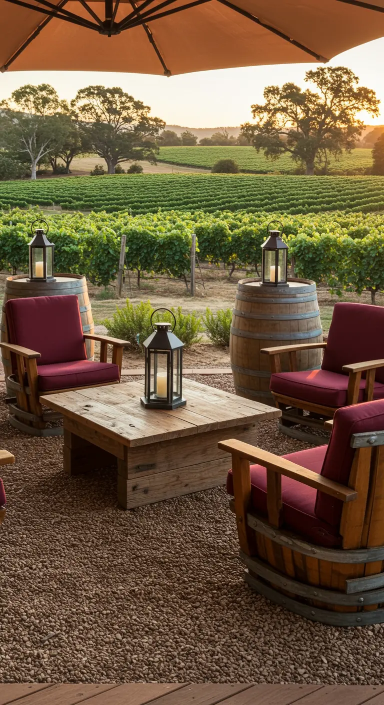 Seating area in a vineyard with chairs made from wine barrels and a rustic wood table.