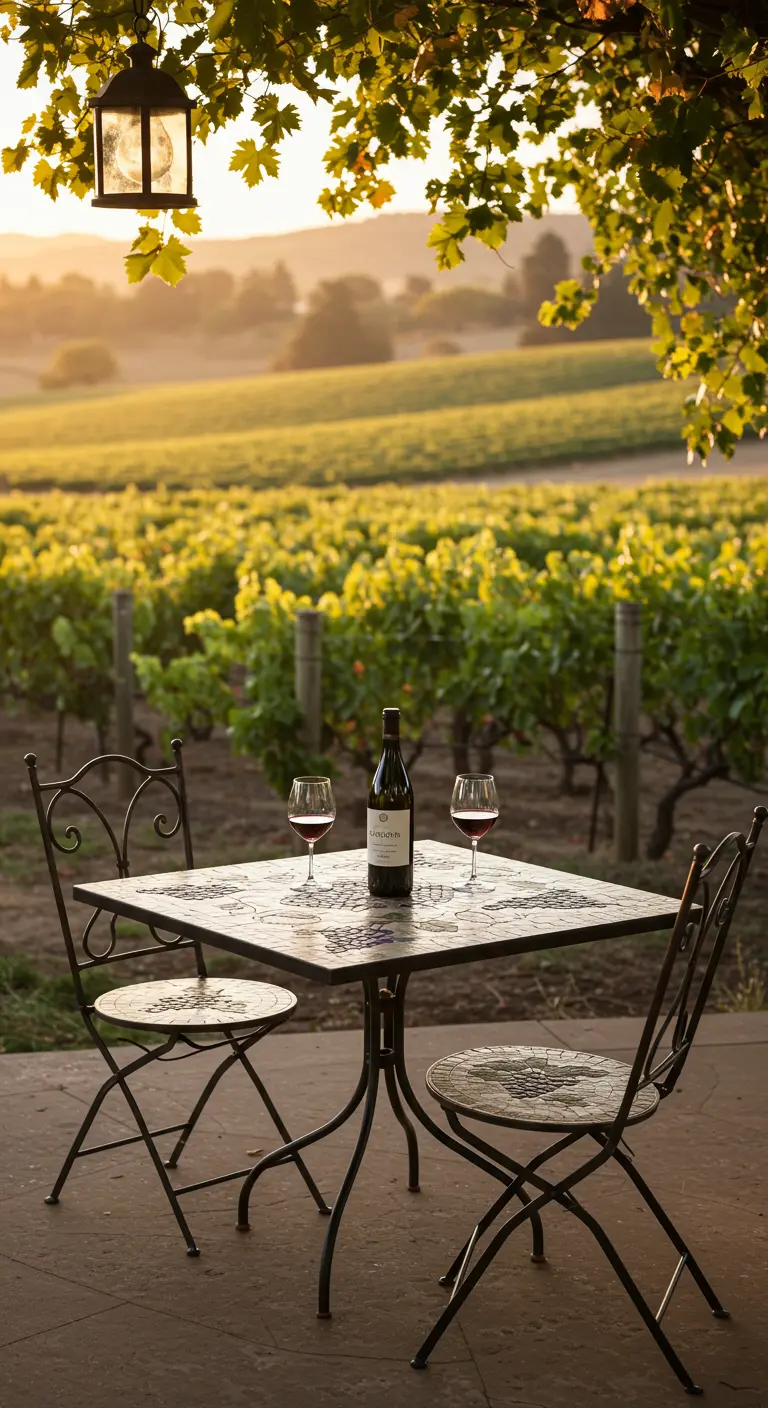 Square mosaic bistro table and matching chairs overlooking rolling vineyard hills.