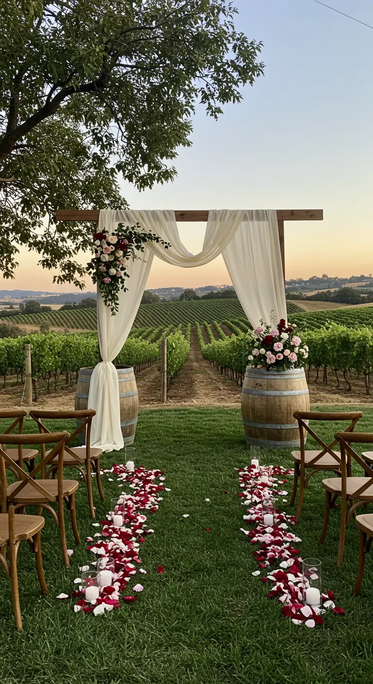 Vineyard wedding altar with a wooden arch on wine barrels and a red and white petal aisle.