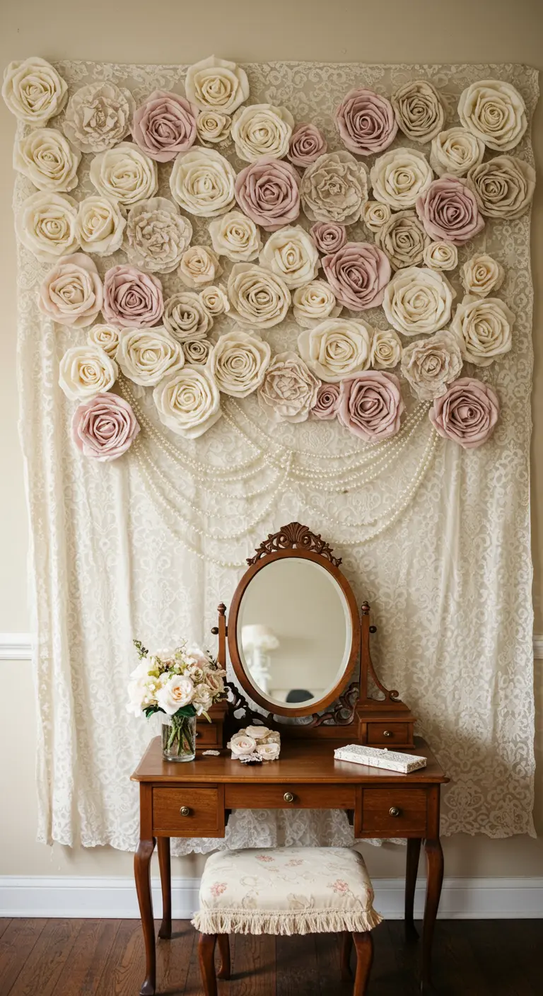 Paper roses on a lace backdrop with draped pearl strands, in front of a vanity.