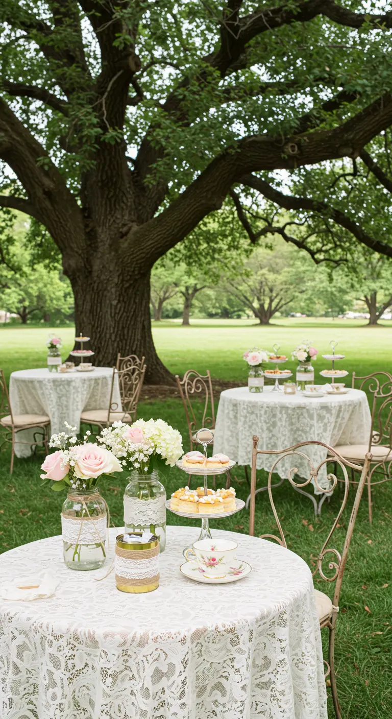 Elegant outdoor tea party table with lace tablecloths, vintage china, and glass jars wrapped in lace.