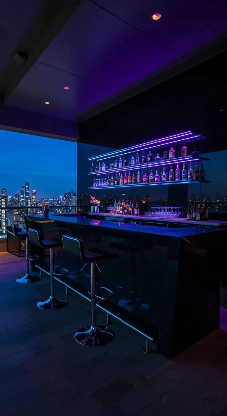 Modern black rooftop bar illuminated by vibrant purple neon-style LED lights.