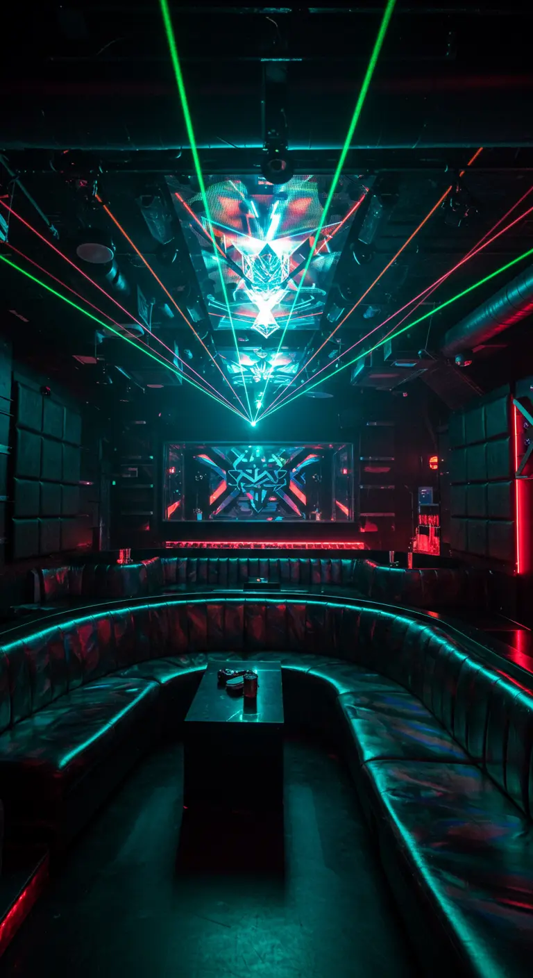 A nightclub lounge with green and red laser beams overhead and teal seating with light-up trim.
