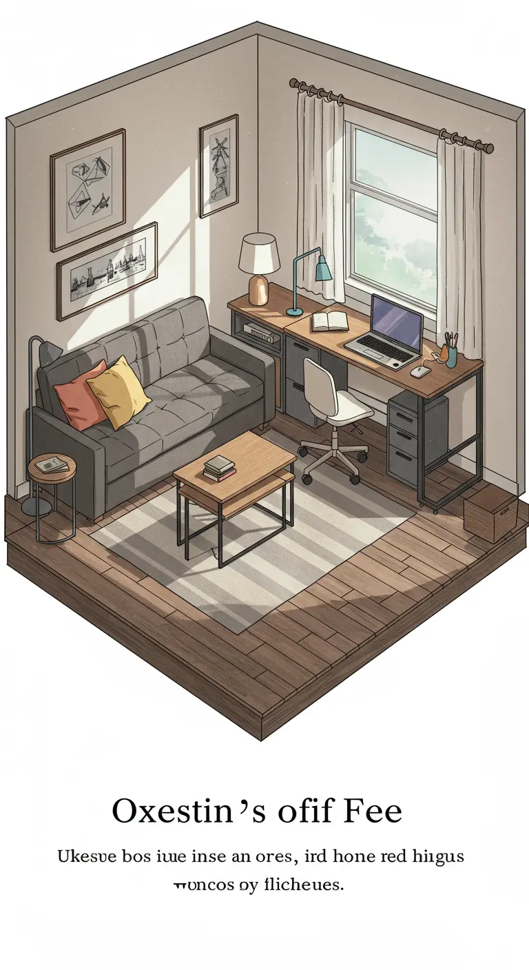 An isometric illustration of a small living room layout with a sofa, desk, and rug.