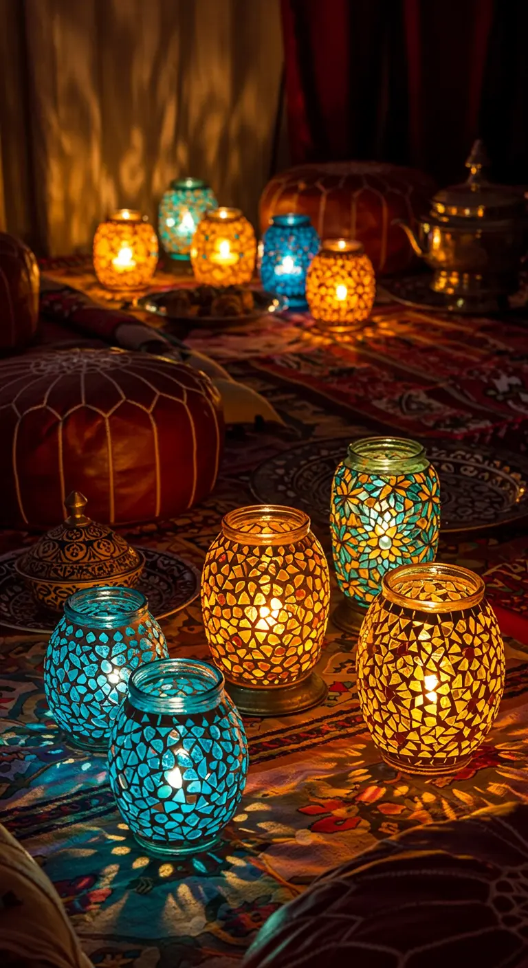 A collection of colorful blue and yellow Moroccan mosaic glass candle holders on a patterned rug.