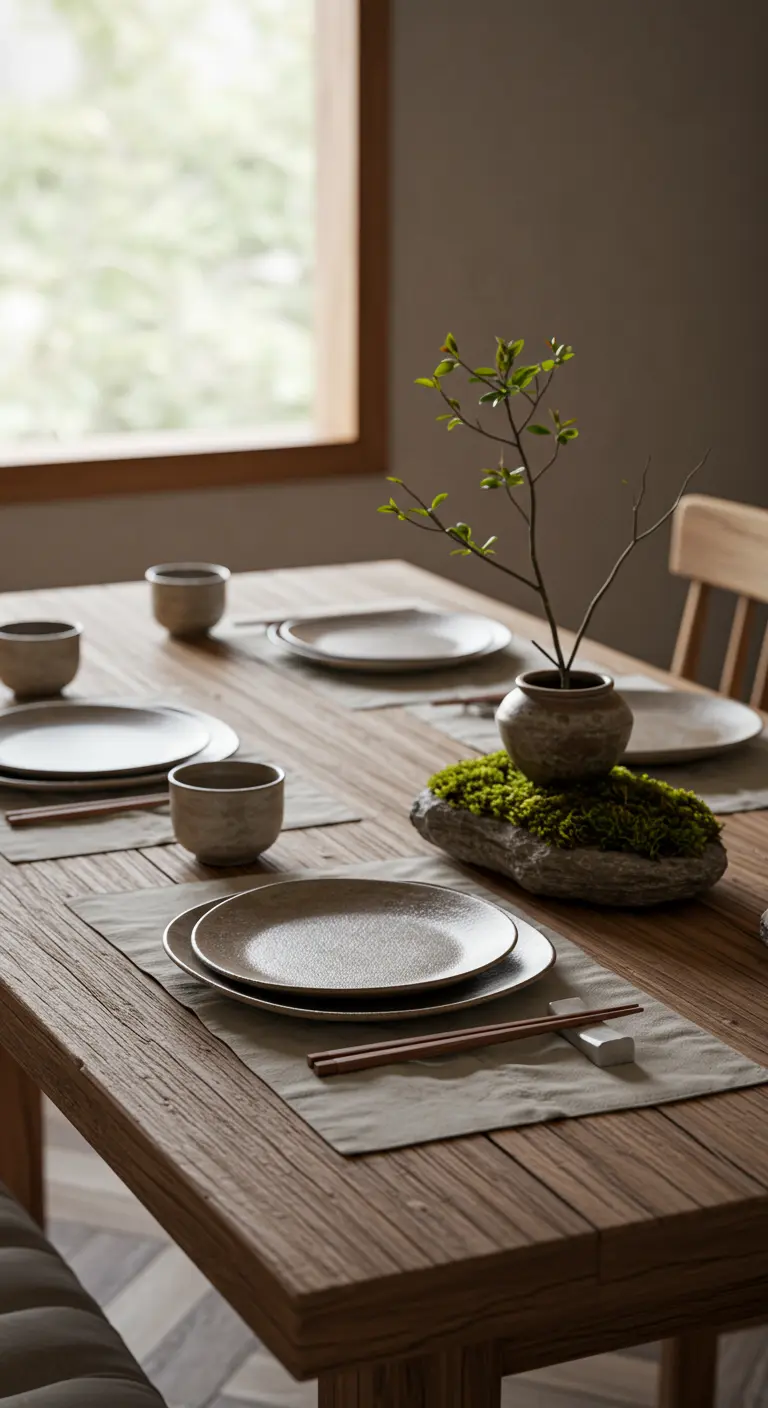 A minimalist Japanese-style table setting with earthy ceramics and a mossy stone centerpiece.