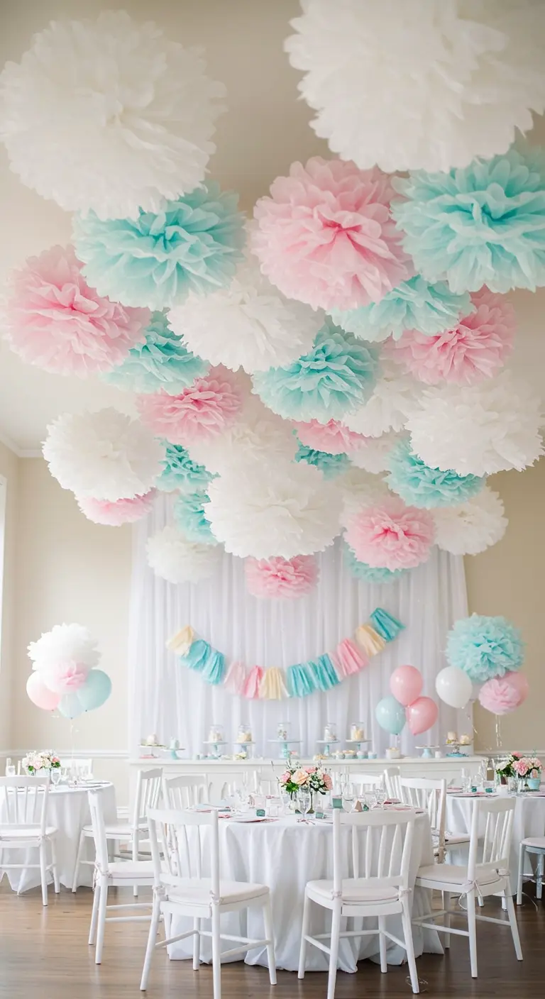 Ceiling filled with large paper pom-poms in white, pink, and mint green.