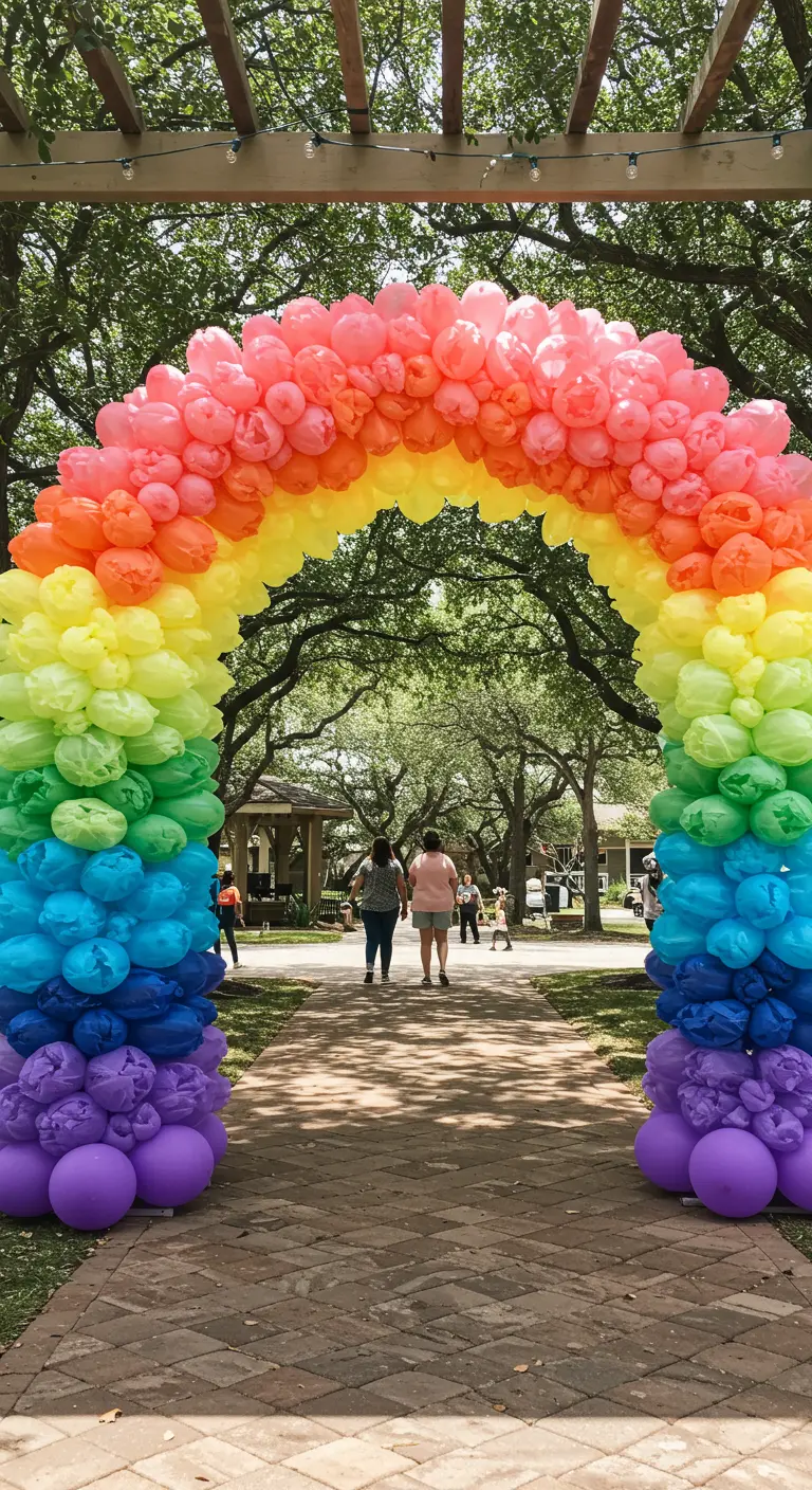 A massive outdoor archway made entirely of rainbow-colored balloons on a brick path.