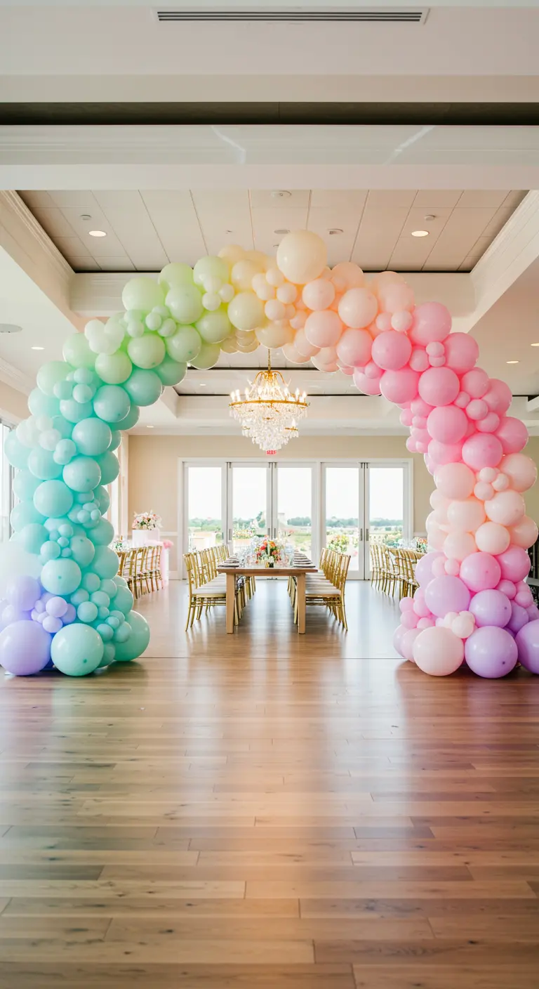 A massive, floor-to-ceiling balloon arch with a rainbow pastel gradient over a dining table.