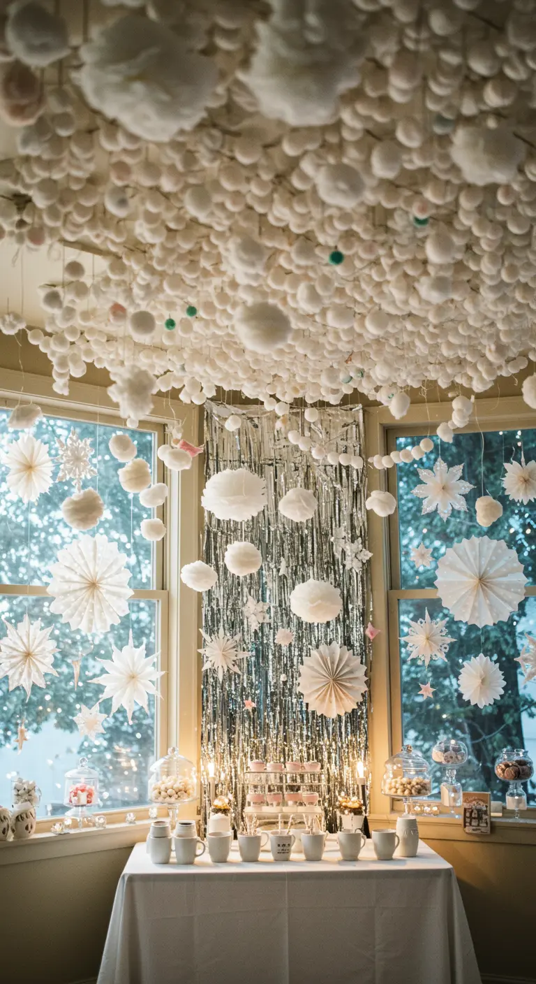 A room with a ceiling completely covered in white pom-poms and paper snowflakes.