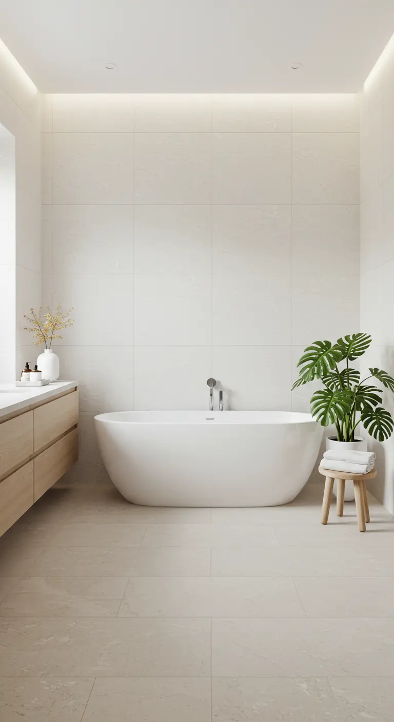Minimalist white bathroom with a freestanding tub, light wood vanity, and a large potted plant.