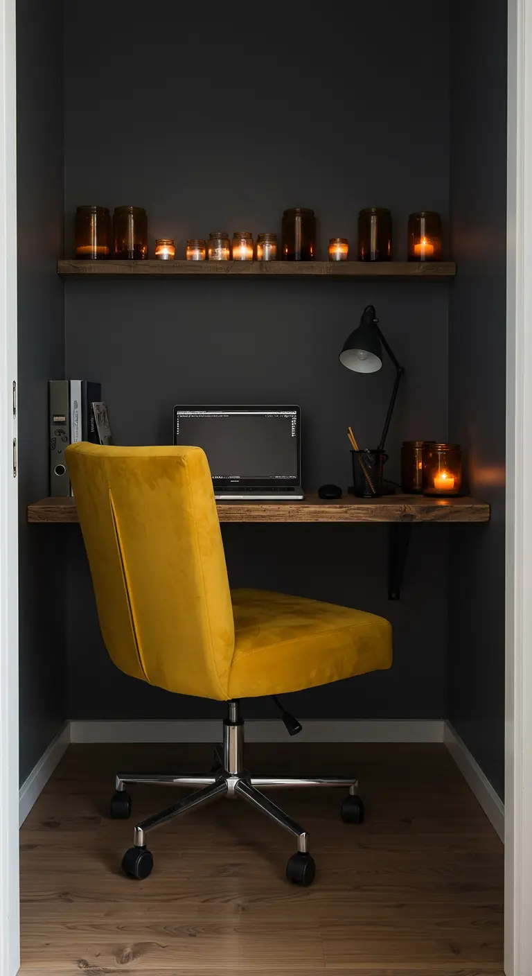 Compact home office in a charcoal-walled nook with a yellow velvet chair and wood desk.