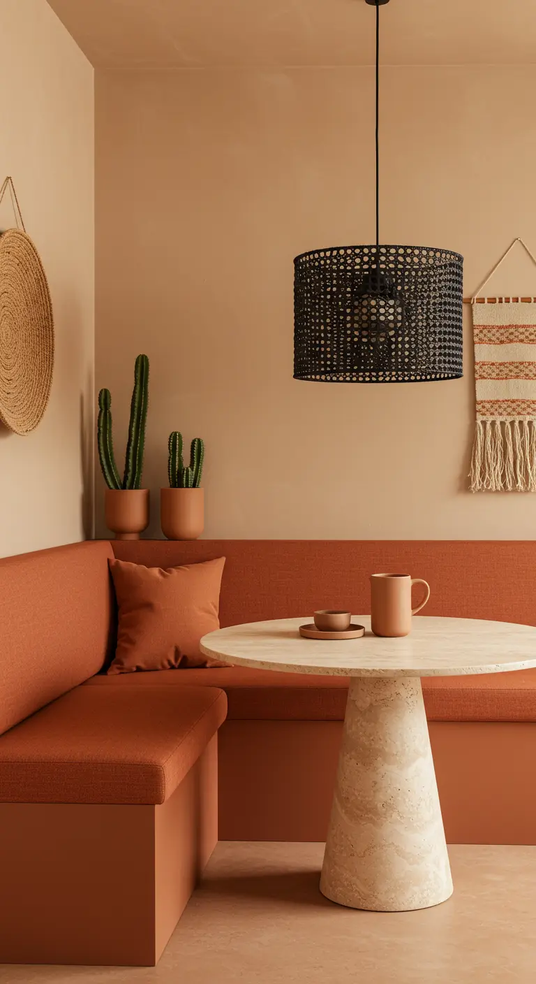 A desert-modern dining nook with terracotta-colored upholstery and a travertine table.