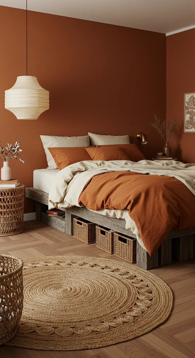 Bedroom with terracotta walls, a low wood platform bed with basket storage, and a jute rug.