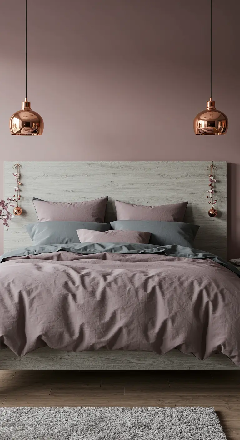 A bedroom with dusty rose walls, a light wood headboard, and hanging copper pendant lights.