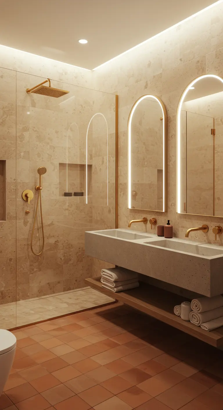 Bathroom with warm travertine walls, terracotta floor tiles, and arched backlit mirrors.