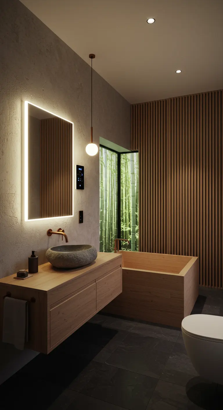Japandi-style bathroom with wood slat walls and a stone vessel sink.