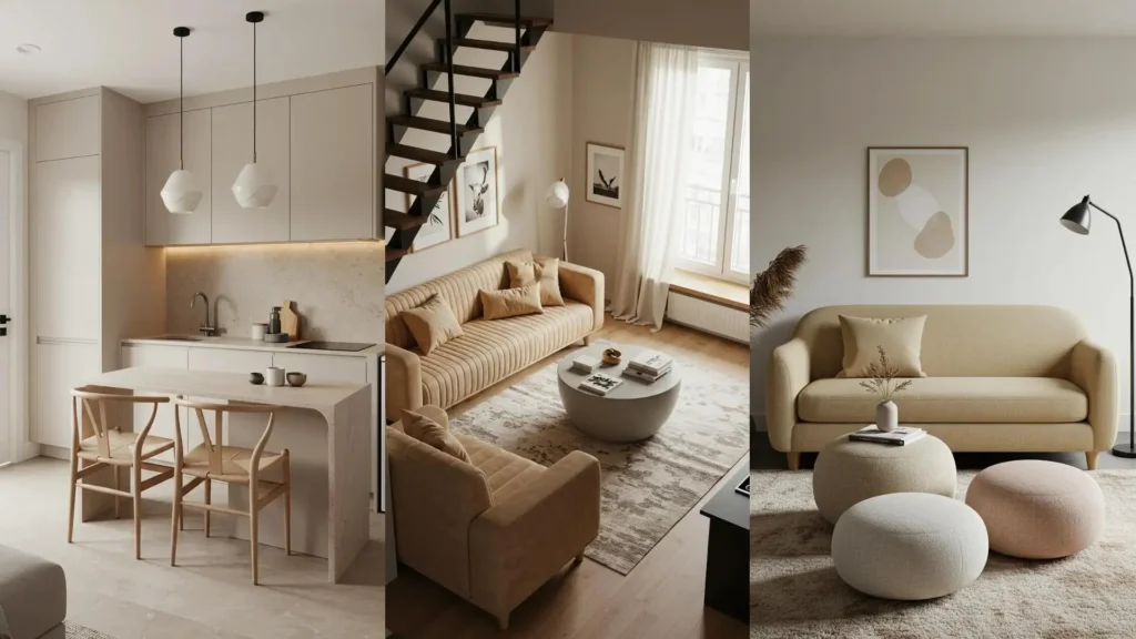Warm minimalist living rooms and kitchen spaces under 400 sq ft, featuring soft neutrals and organic shapes.
