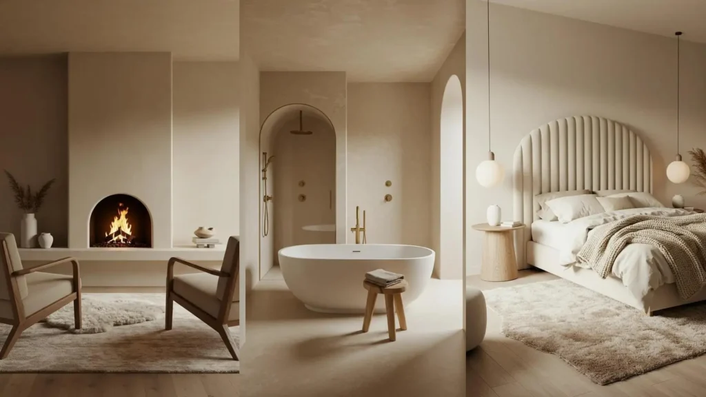 Warm modern interiors with creamy palettes, soft edges, and inviting textures like a cozy bedroom and elegant bathroom.