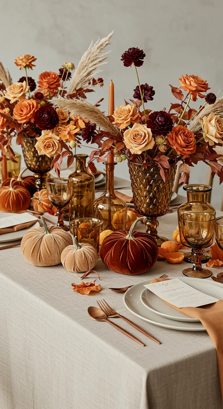 Monochromatic fall table with terracotta-toned velvet pumpkins and amber glass.