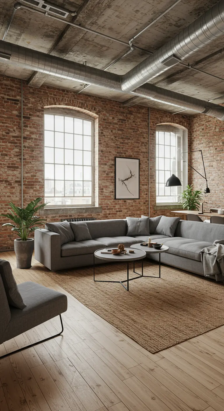 Industrial loft living room with a gray sectional, jute rug, and large plants.