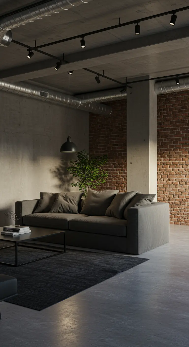 Industrial loft with exposed brick, concrete floors, and a grey slipcover sofa.