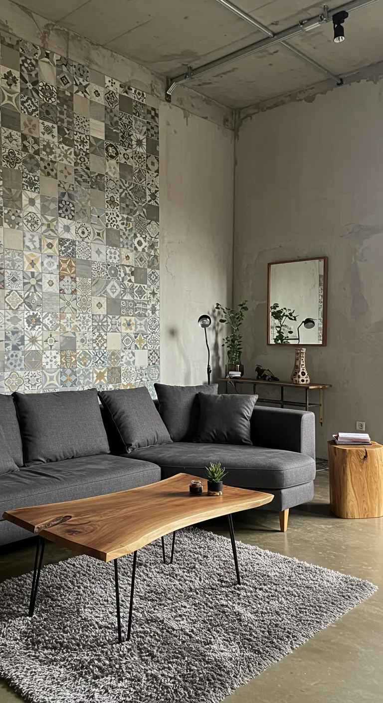 Industrial living room with concrete walls and a large accent wall of gray and yellow patchwork tiles.
