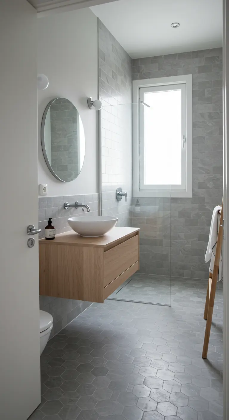 Light grey bathroom with a floating wood vanity, vessel sink, and round mirror.