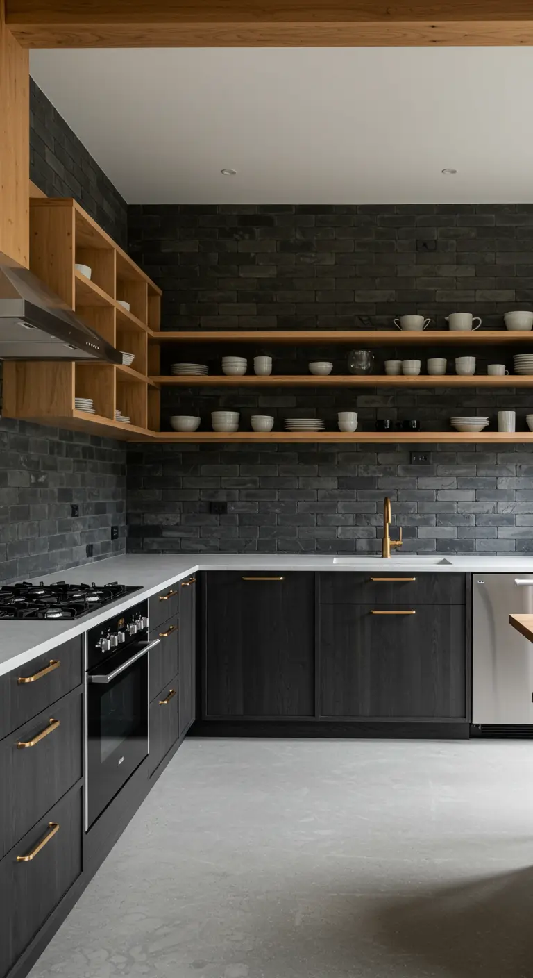 Kitchen with charcoal brick wall, black cabinets, and light wood open shelving holding white ceramics.