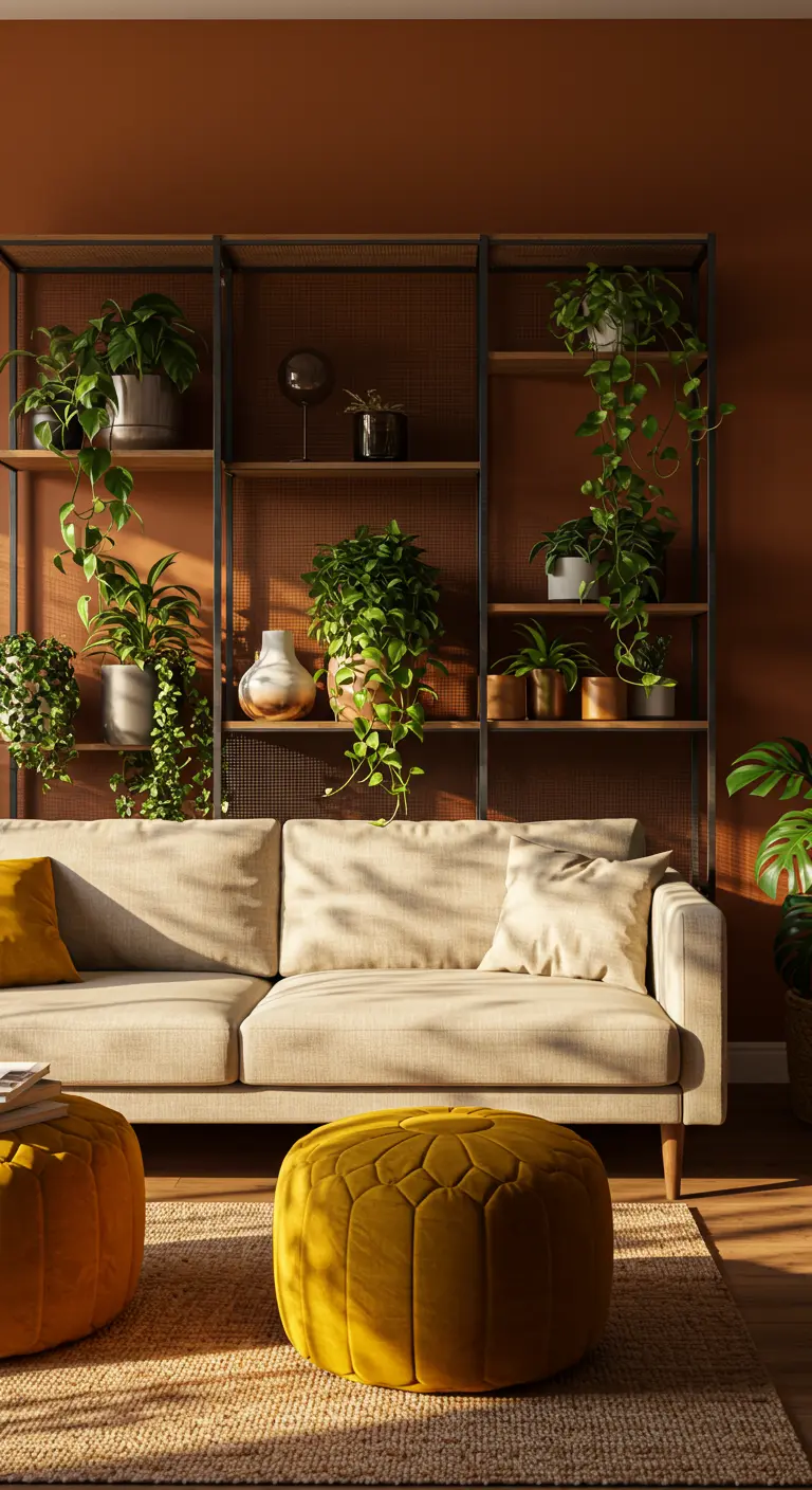 Living room with a terracotta wall, black metal shelving full of plants, and a mustard pouf.