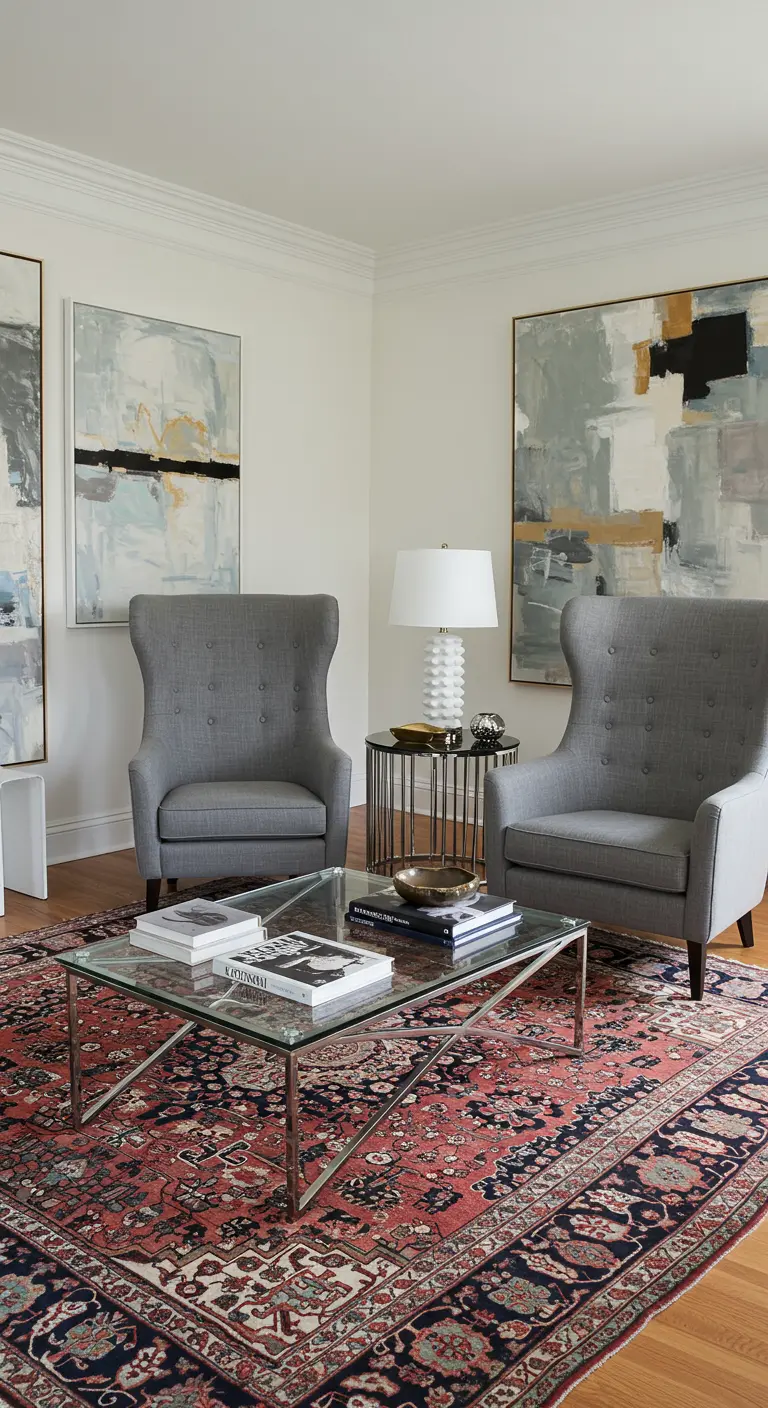 Modern gray wingback chairs and a glass coffee table paired with a traditional red Oriental rug.