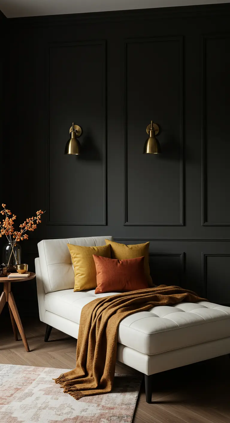 A white chaise with warm-toned pillows in rust and mustard against a dark paneled wall.