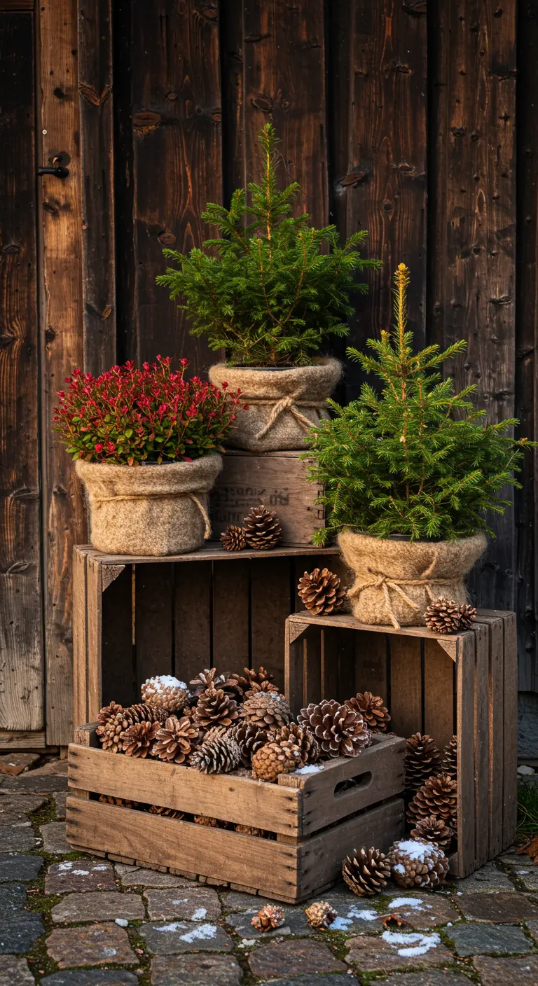 Entrance with dark wood wall, stacked crates, burlap-wrapped small trees, and abundant pinecones.