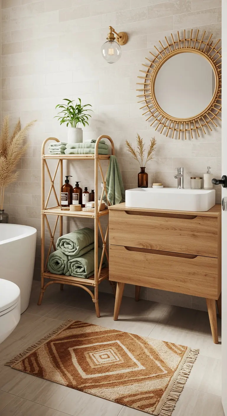 A bright bathroom with a rattan shelving unit, a matching sunburst mirror, and a wood vanity.