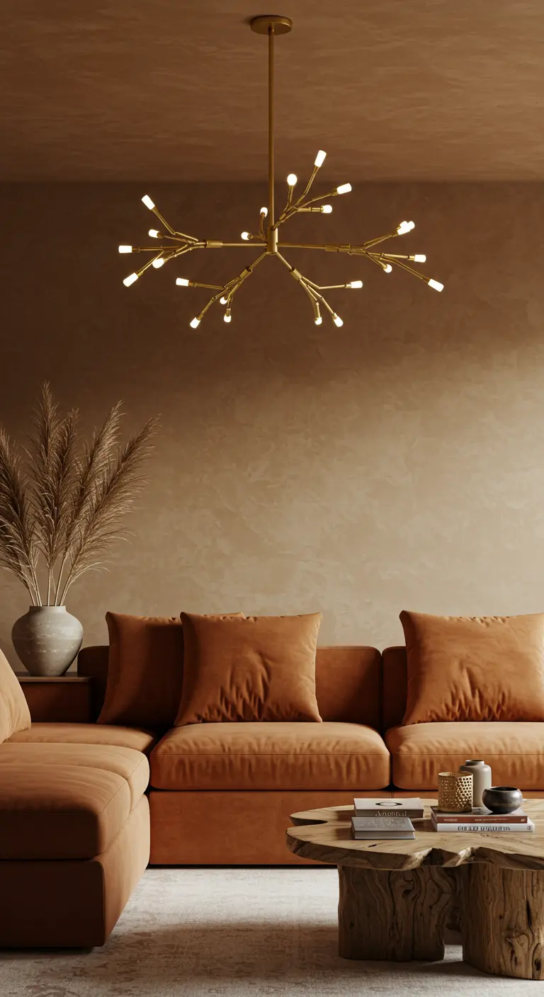 A warm, earth-toned living room with a terracotta velvet sectional and a branching brass chandelier.
