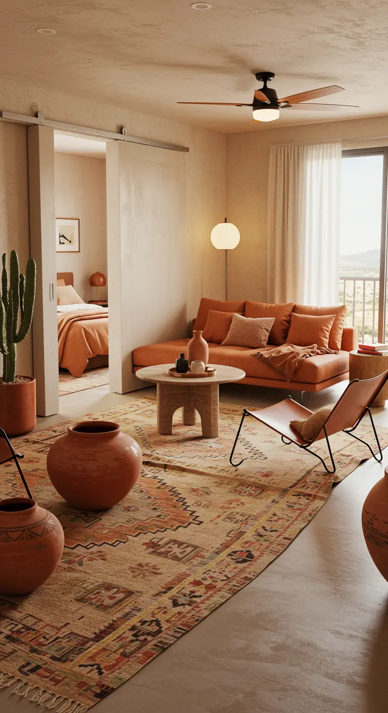 Desert modern living room with terracotta tones and a simple sliding door.