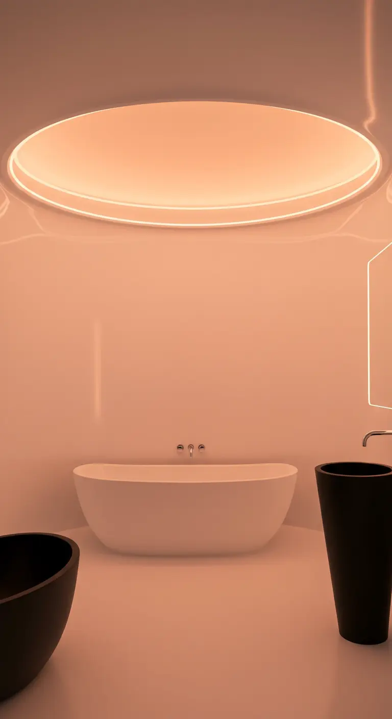 Minimalist white bathroom enveloped in a soft, peachy-pink glow from a large ceiling light.