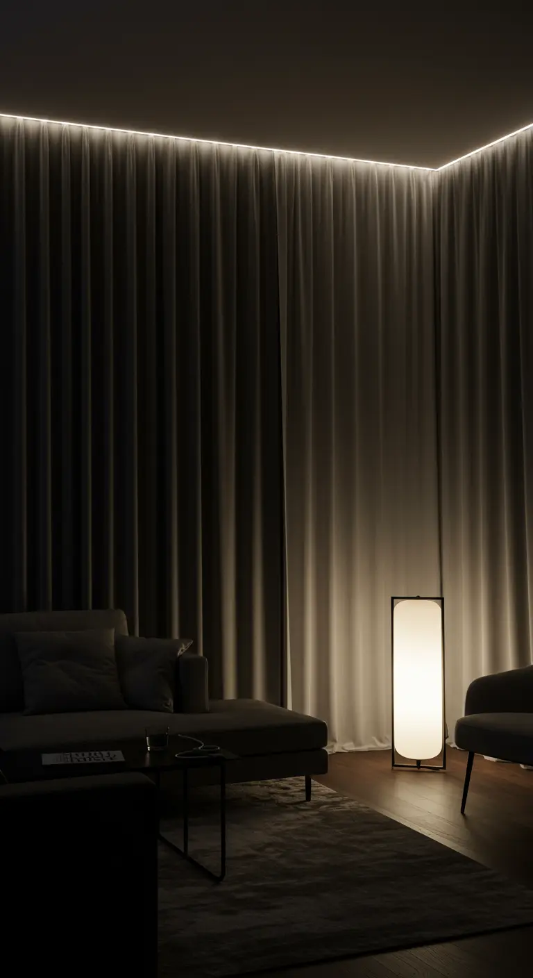 Minimalist room with hidden LED cove lighting and a Japanese-style floor lantern.
