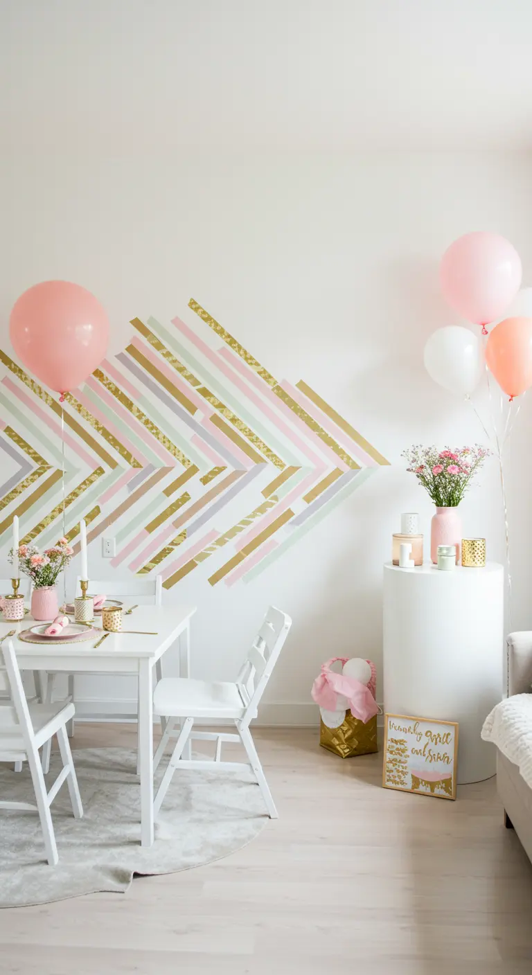 A feature wall with a chevron pattern made from pastel and gold washi tape.