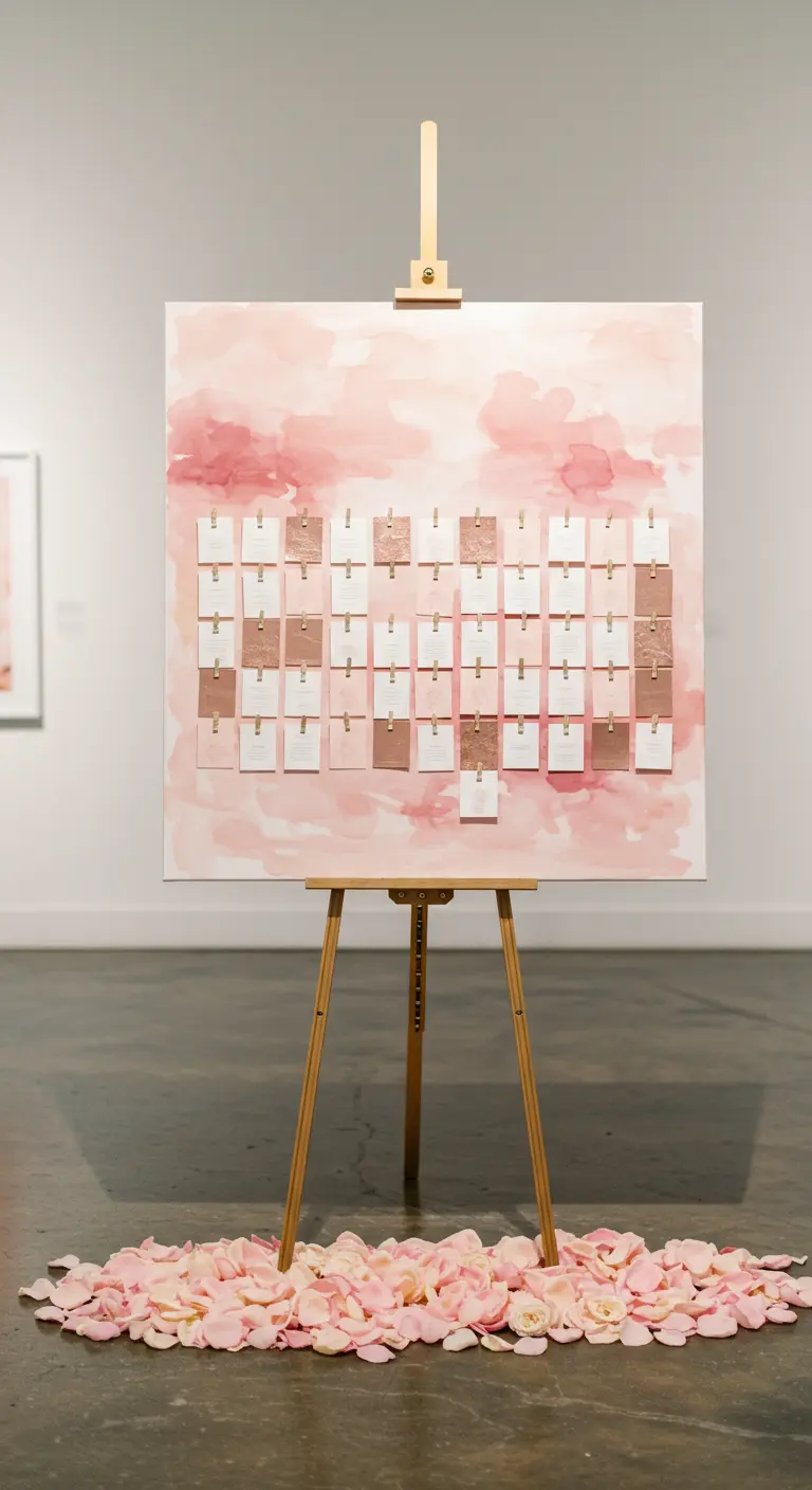 An abstract watercolor canvas on an easel, displaying escort cards on strings.