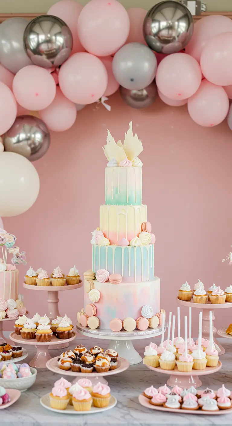 A multi-tiered pastel watercolor cake with white chocolate drips, surrounded by cupcakes.