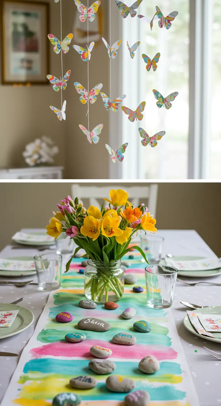 A spring tablescape with a watercolor runner, painted rock place cards, and a butterfly mobile.