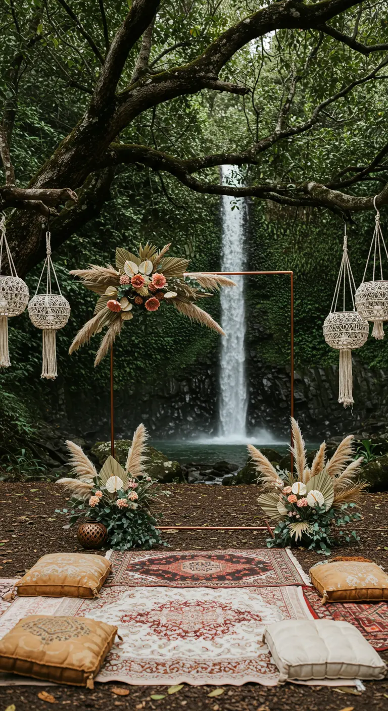 Boho wedding arch with dried palms and macrame lanterns in front of a waterfall.