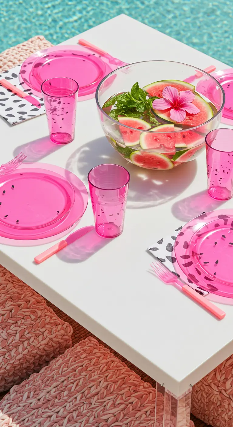 Poolside table with translucent pink plates and a punch bowl filled with watermelon.
