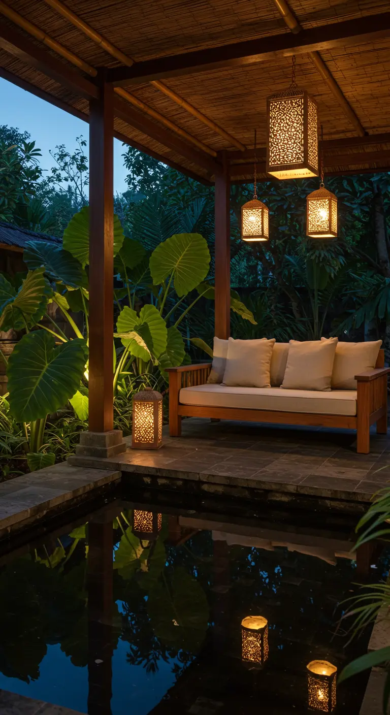 A covered wooden patio next to a small pond, with ornate metal lanterns casting reflections.