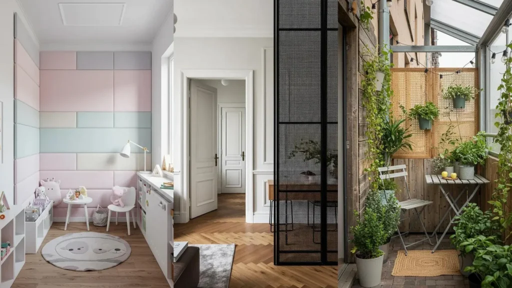 Textured small spaces with pastel fabric wall panels, a stylish room divider screen, and a cane screen on a cozy balcony.