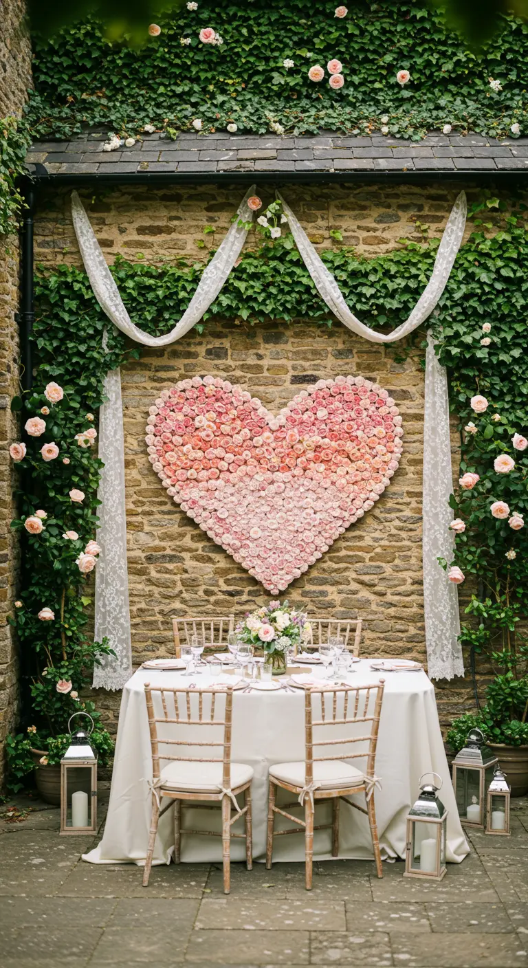 A giant heart made of ombré roses on a stone wall behind a sweetheart table.